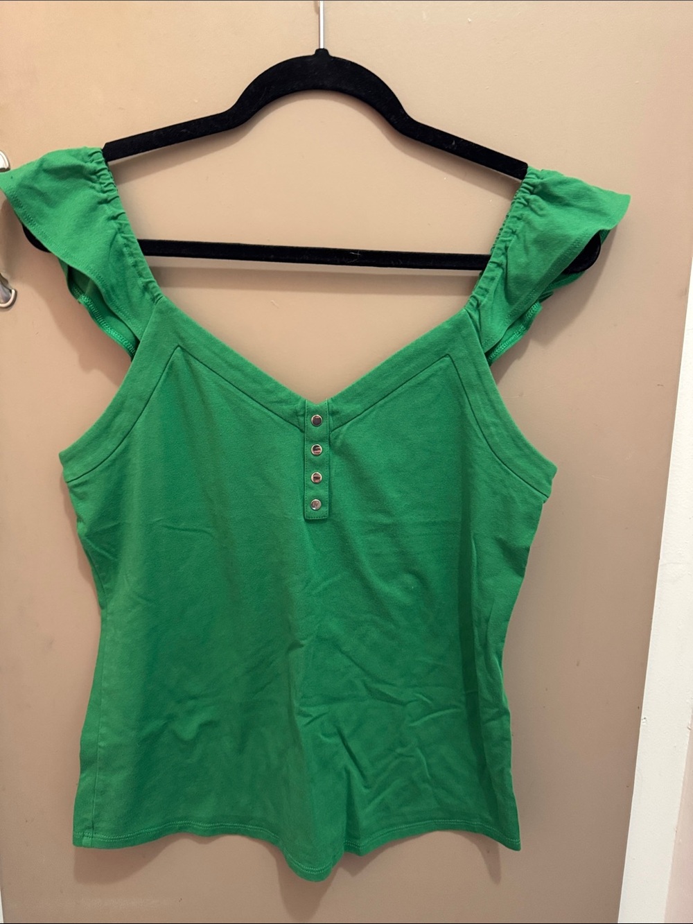 Ruffled Strap Green Tank with Button-Placket